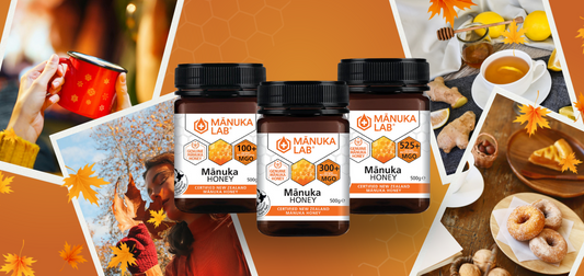 Manuka Lab honey jars on a seasonal themed background