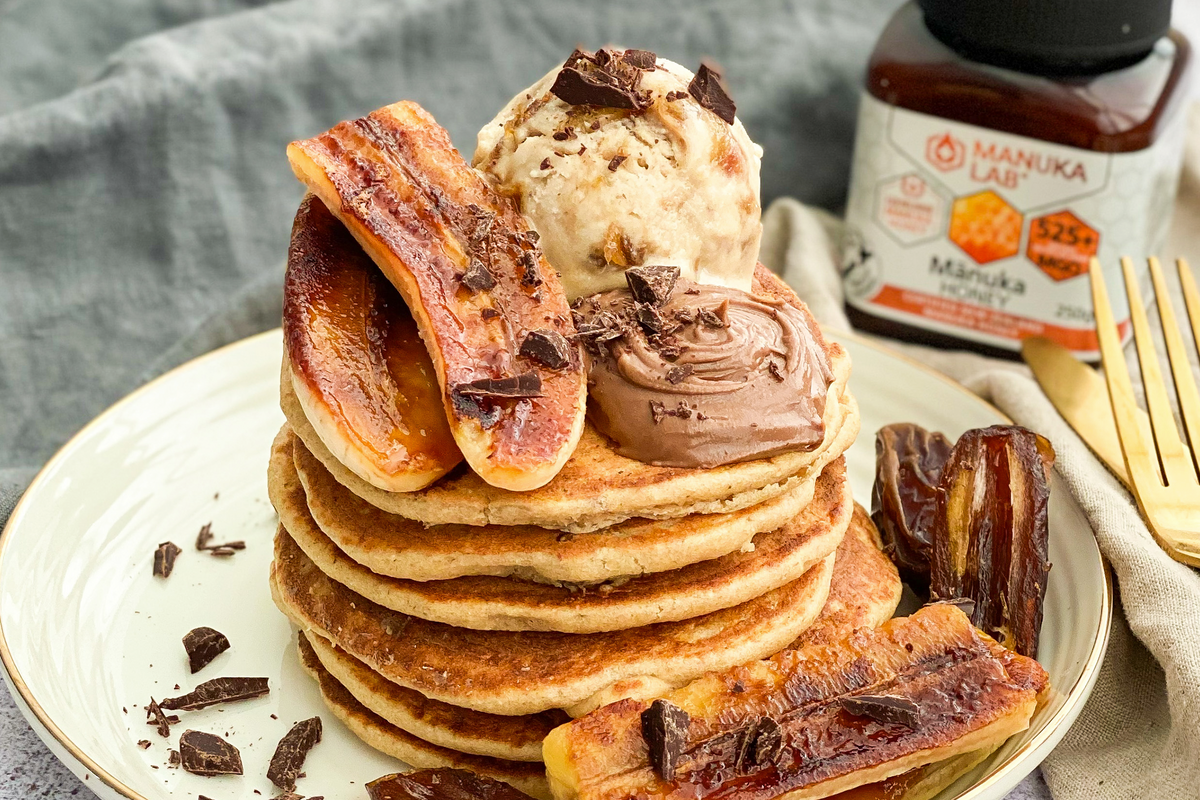 Manuka Honey & Date Pancakes with Tahini & Date Nice-Cream Recipe