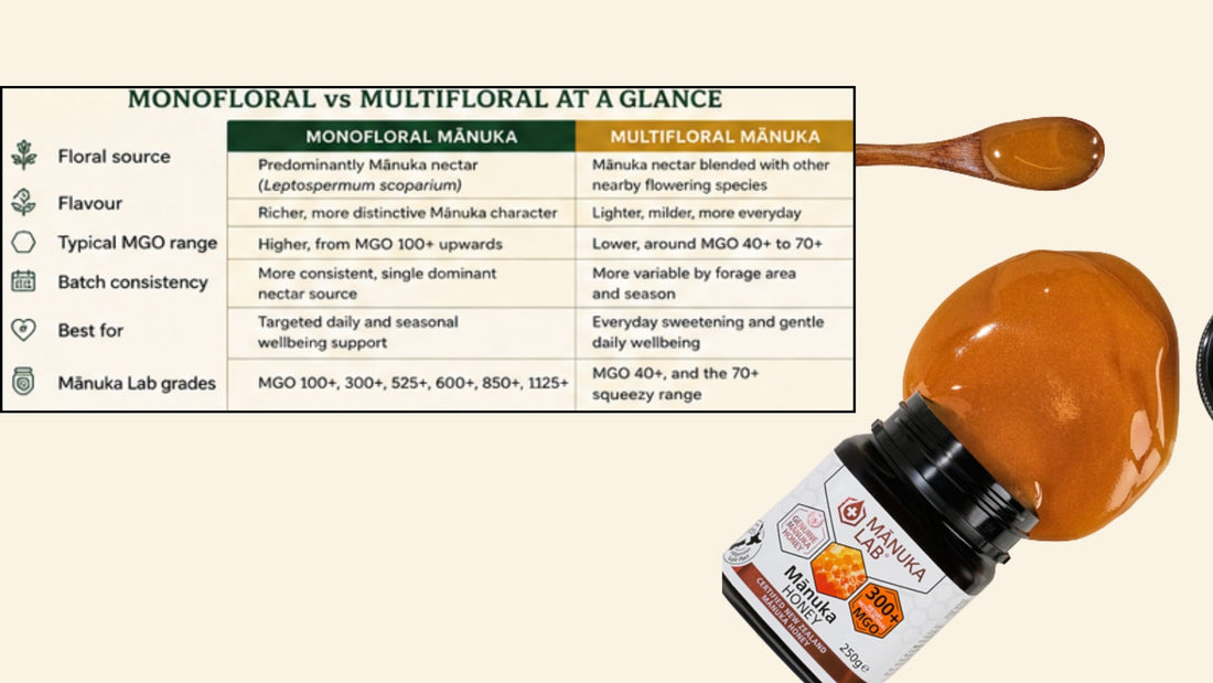 Monofloral or multifloral Mānuka honey graphic with comparison table 